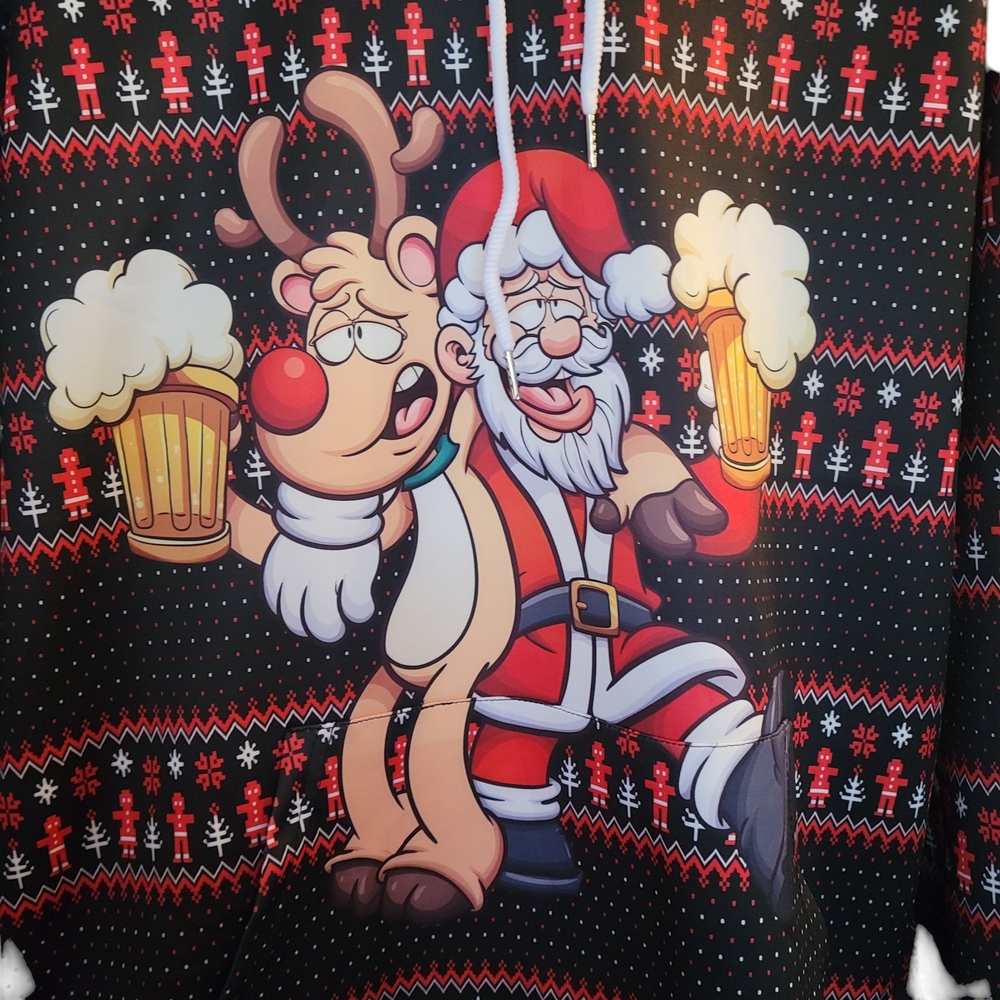 UGLY CHRISTMAS SWEATER - Black & Red All Over Graphic Print Santa Reindeer Beer - Picture 3 of 3